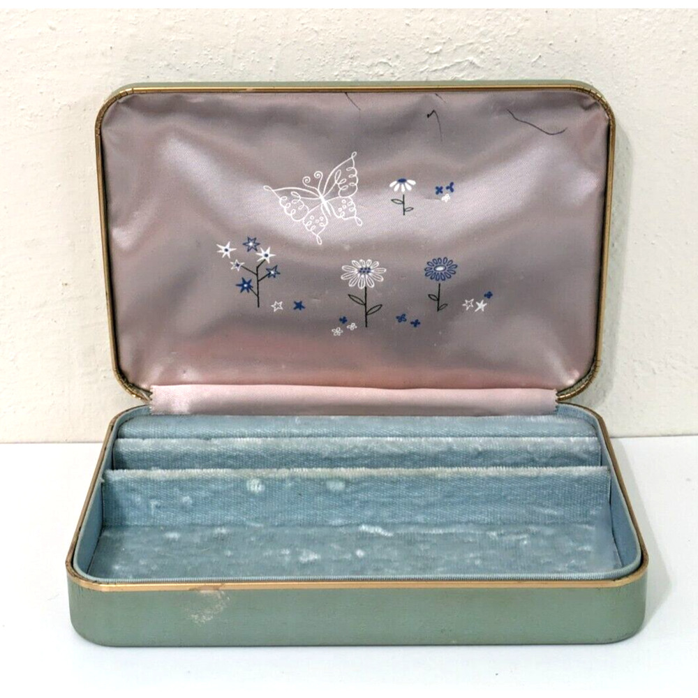 Vintage Farrington Jewelry Box Hinged Genuine Felt Lined Green Floral‎